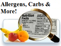 Magnifying Glass with text saying Allergens Carbs and More