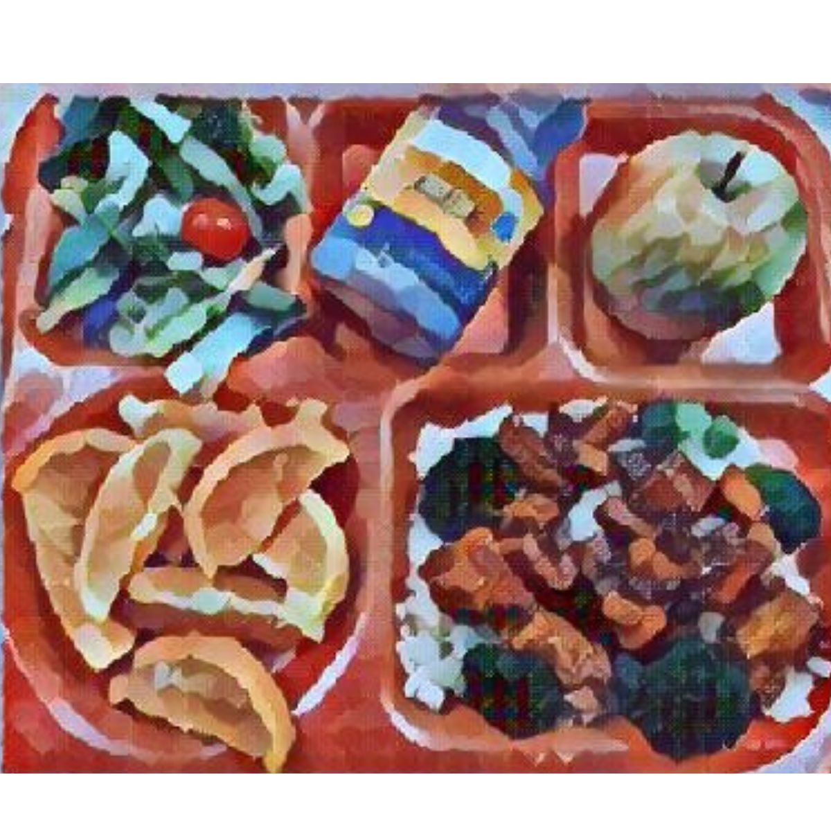 Meal Tray picture orange chicken over rice salad milk apple oranges